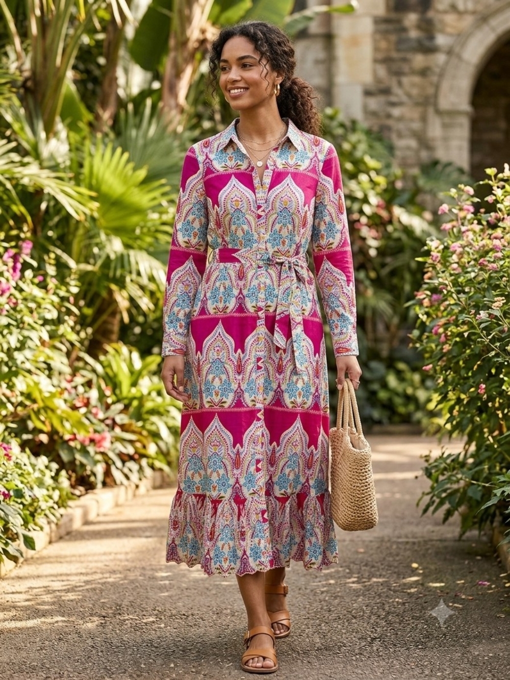 Long Sleeve Fuchsia Printed Shirt Dress with Tie Waist